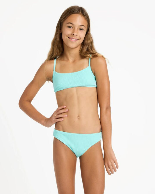 Image of a model wearing Tops. Product name - Roxy Girls 6-16 Aruba Bralette Two Piece Aqua Splash in Aqua Splash colour by brand - Roxy