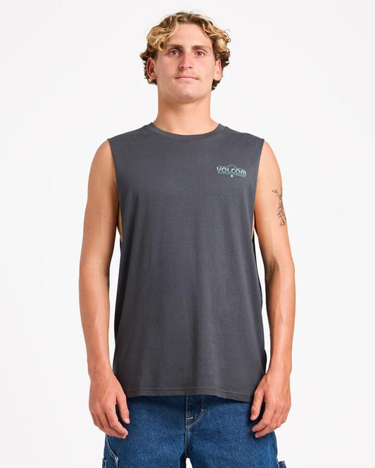 Image of a model wearing Tops. Product name - Volcom Mens The Early Muscle Tee Asphalt Black in Asphalt Black colour by brand - Volcom