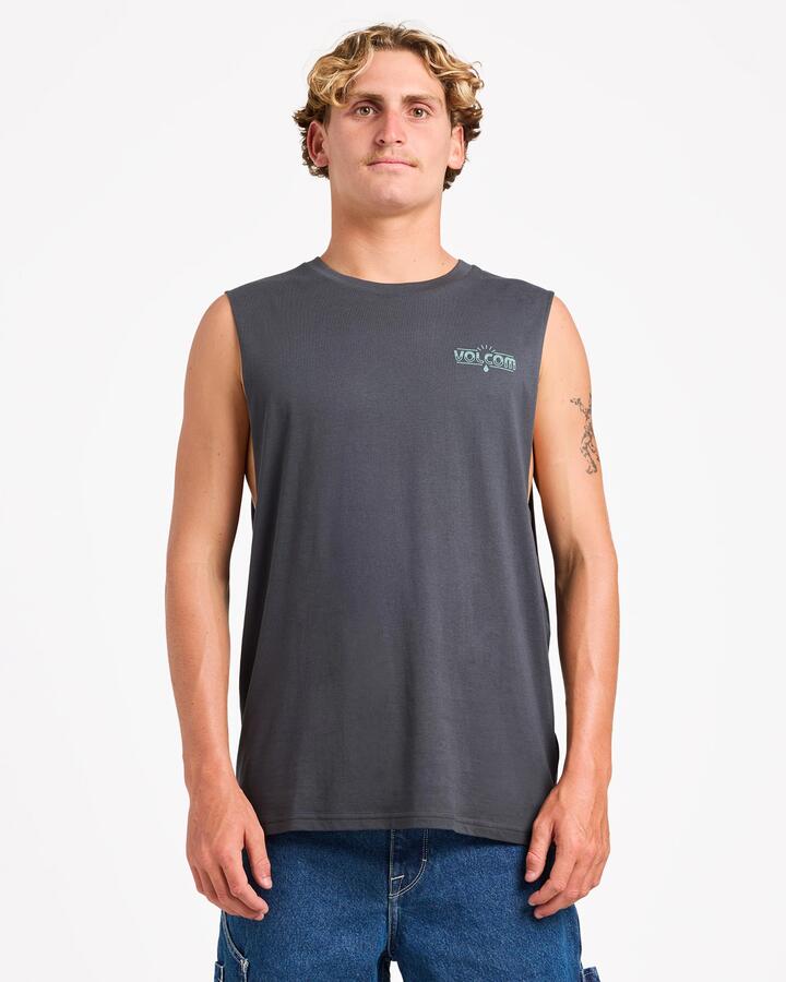 Image of a model wearing Tops. Product name - Volcom Mens The Early Muscle Tee Asphalt Black in Asphalt Black colour by brand - Volcom