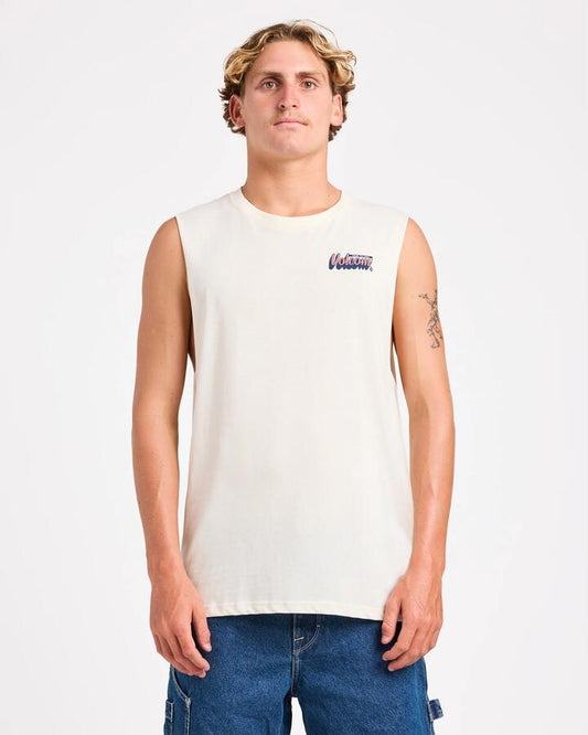 Image of a model wearing Tops. Productname: Volcom Mens Wowza Muscle Tee Off White - in Off White colour by brand - Volcom
