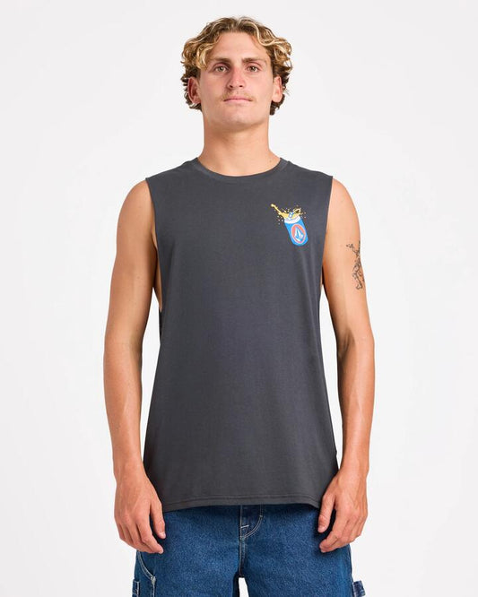 Image of a model wearing Tops. Productname: Volcom - Mens Ice Cold Stoked Muscle - Asphalt Black - in Asphalt Black colour by brand - Volcom