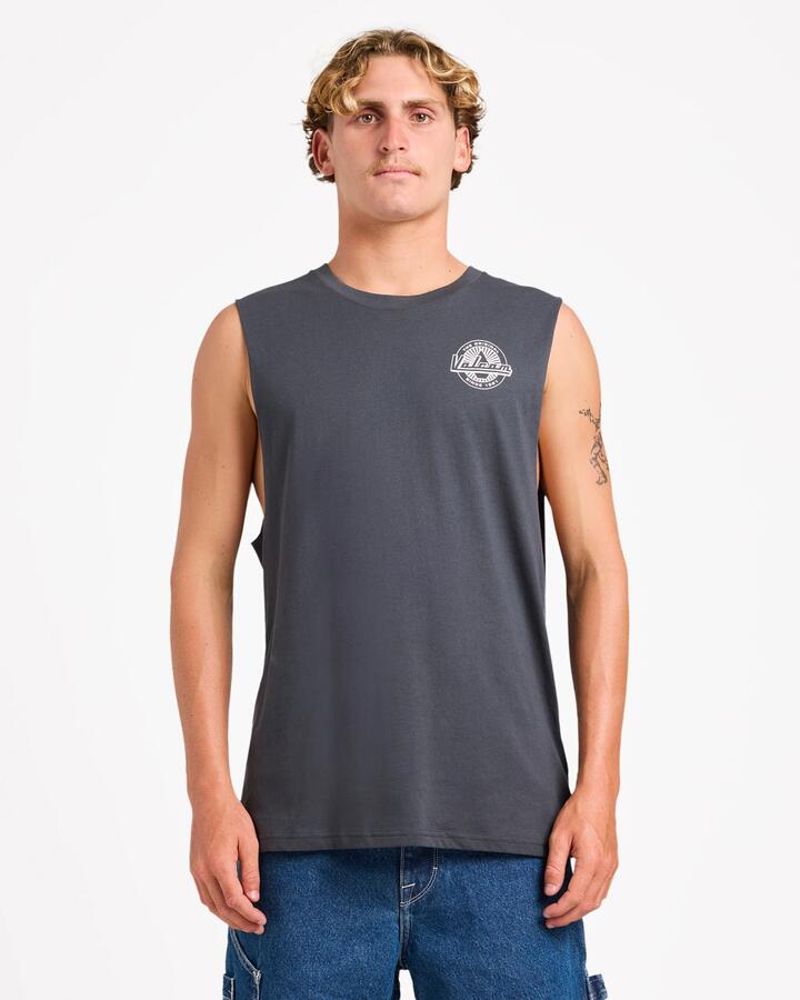 Image of a model wearing Tops. Product name - Volcom Mens Neo Stone Muscle Tee Asphalt Black in Asphalt Black colour by brand - Volcom