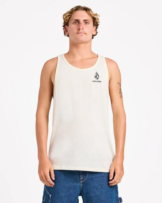 Image of a model wearing Tops. Productname: Volcom - Mens Aus Corp Tank Top - Off White - in Off White colour by brand - Volcom