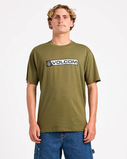 Image of a model wearing Tops. Productname: Volcom Mens Blocker T-Shirt Military - in Military colour by brand - Volcom
