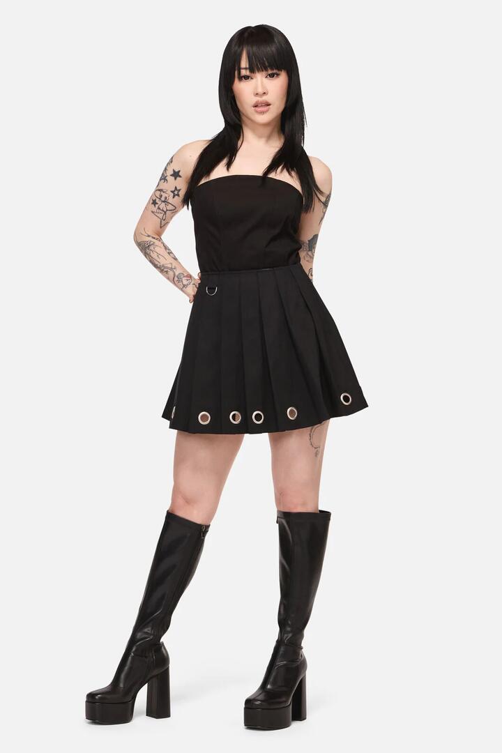 Image of a model wearing Skirts. Productname: Inferno Goth Mini Skirt in Black colour by brand - Black Friday