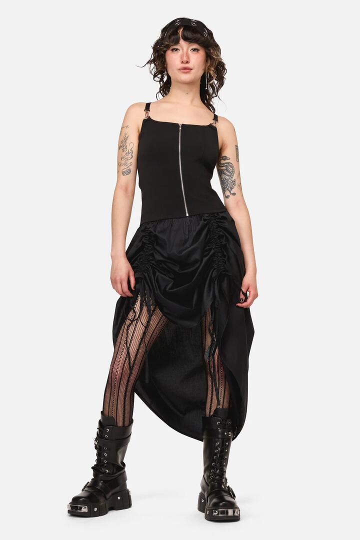 Image of a model wearing Skirts. Productname: Sinister Goth Maxi Skirt in Black colour by brand - Dangerfield