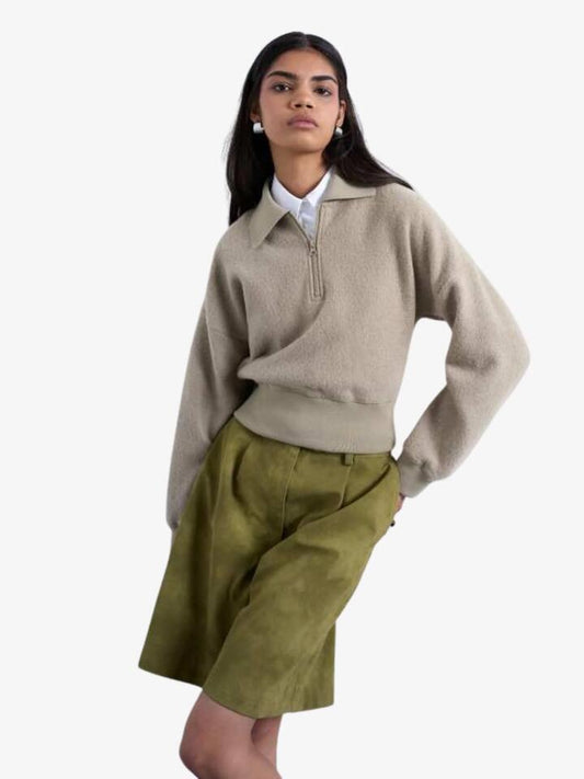 Image of a model wearing Tops. Productname: Topshop Lounge Zip Top in Light Khaki colour by brand - Topshop