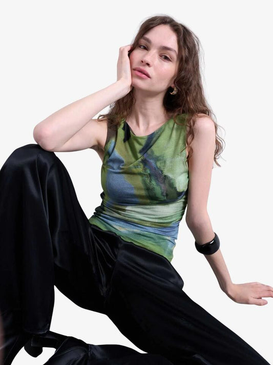 Image of a model wearing Tops. Productname: Topshop Abstract Print Ruched Side Tank in Green colour by brand - Topshop