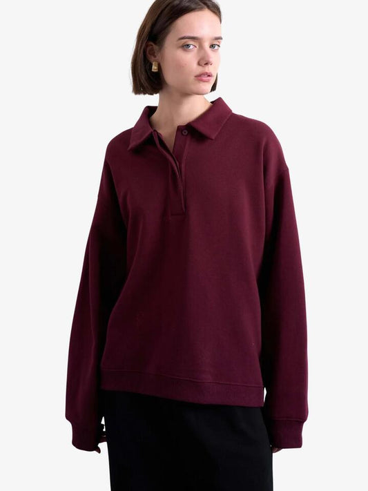 Image of a model wearing Outerwear. Productname: Topshop Polo Sweatshirt in Burgundy colour by brand - Topshop