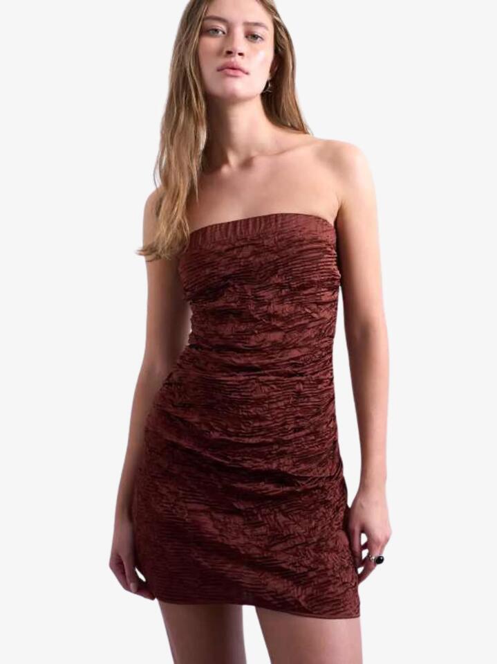 Image of a model wearing Tops. Productname: Topshop Crinkle Bandeau Mini Dress in Brown colour by brand - Topshop
