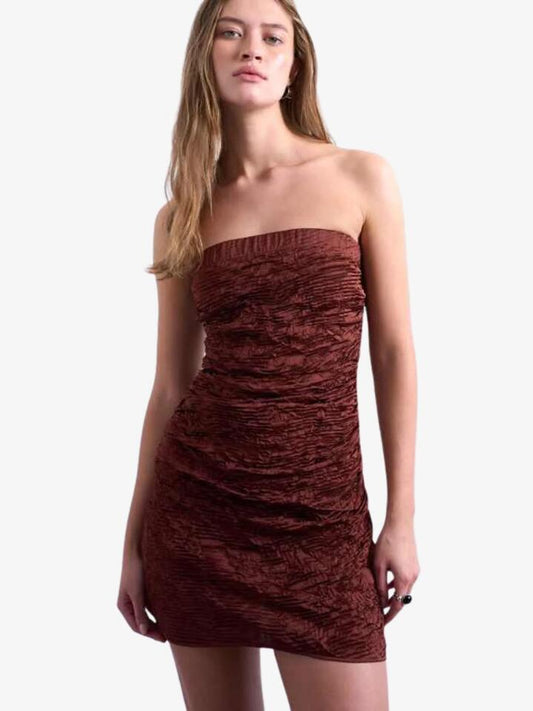 Image of a model wearing Tops. Productname: Topshop Crinkle Bandeau Mini Dress in Brown colour by brand - Topshop