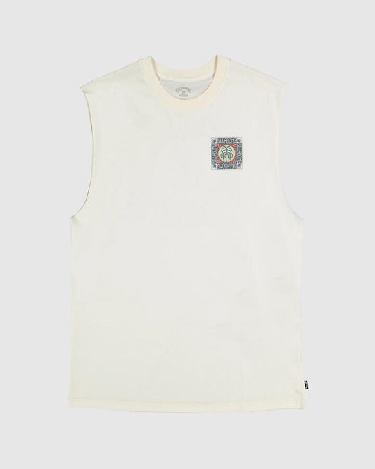 Image of a model wearing Tops. Product name - Billabong Mens Troppo Tank Top Off White in Off White colour by brand - Billabong