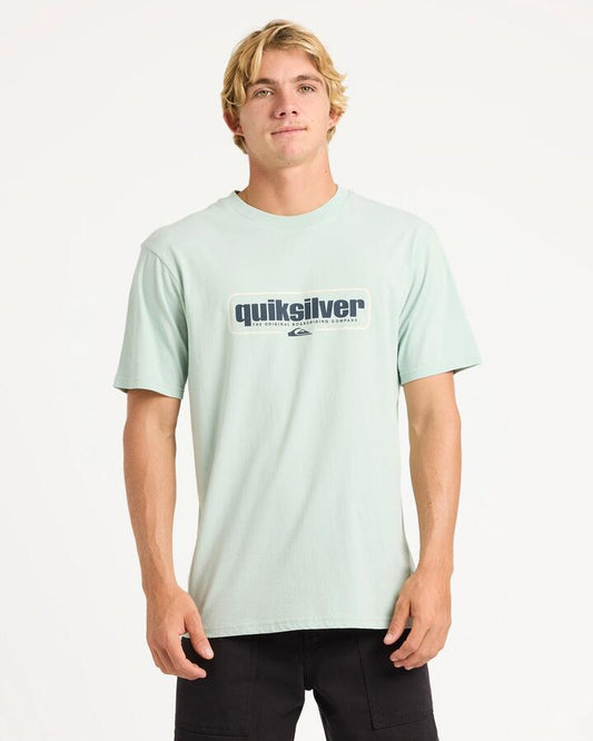 Image of a model wearing Tops. Productname: quiksilver Mens Retro Box T-Shirt Blue Haze - in Blue Haze colour by brand - Quiksilver