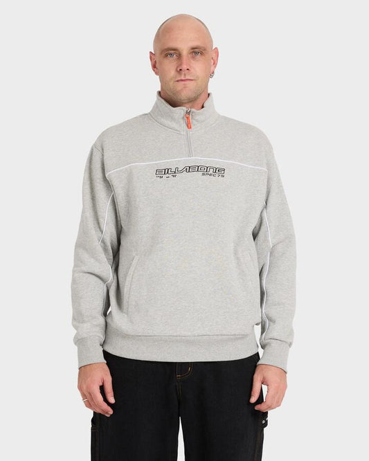 Image of a model wearing Outerwear. Product name - Billabong Mens Spec 73 1/4 Zip Mock Neck Fleece Top Light Grey Heather in Light Grey Heather colour by brand - Billabong