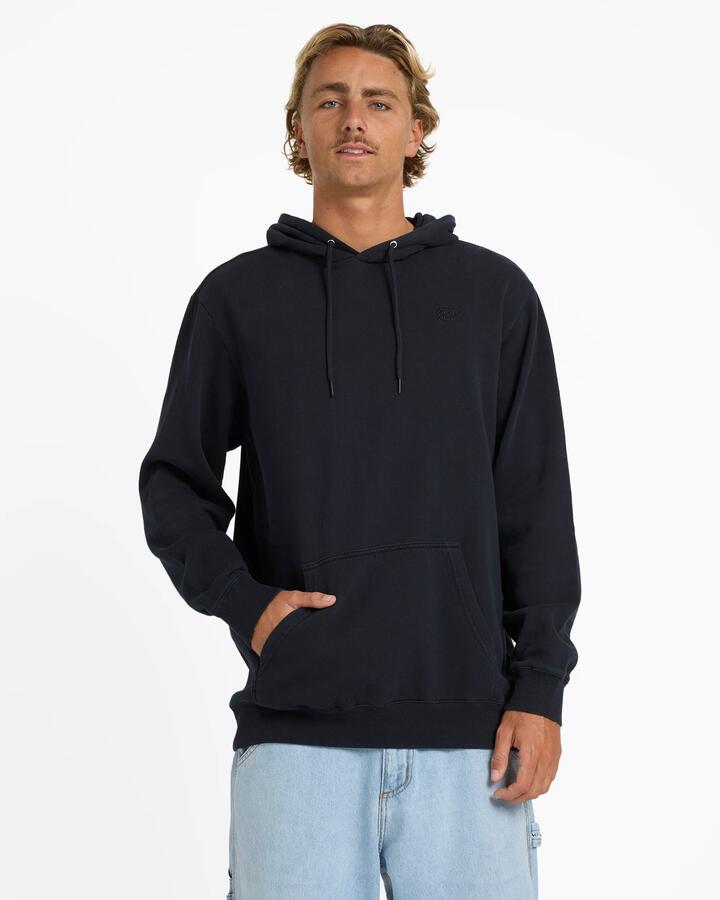 Image of a model wearing Outerwear. Product name - Billabong Mens Premium Wave Wash Pullover Hoodie Black in Black colour by brand - Billabong