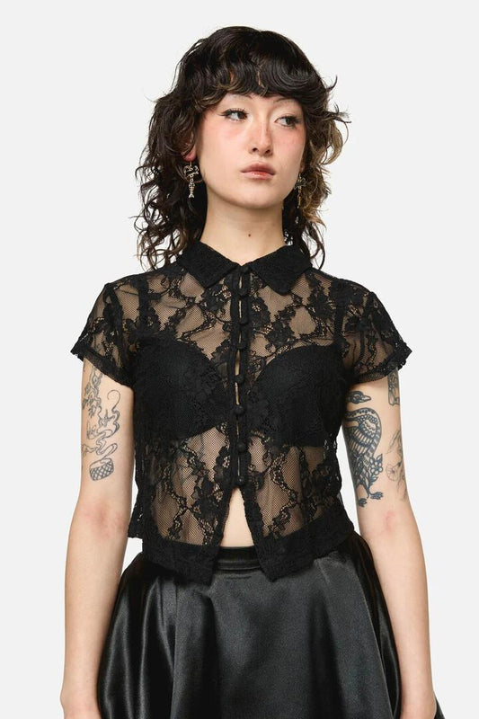 Image of a model wearing Tops. Productname: Pond Lace Goth Top in Black colour by brand - Dangerfield