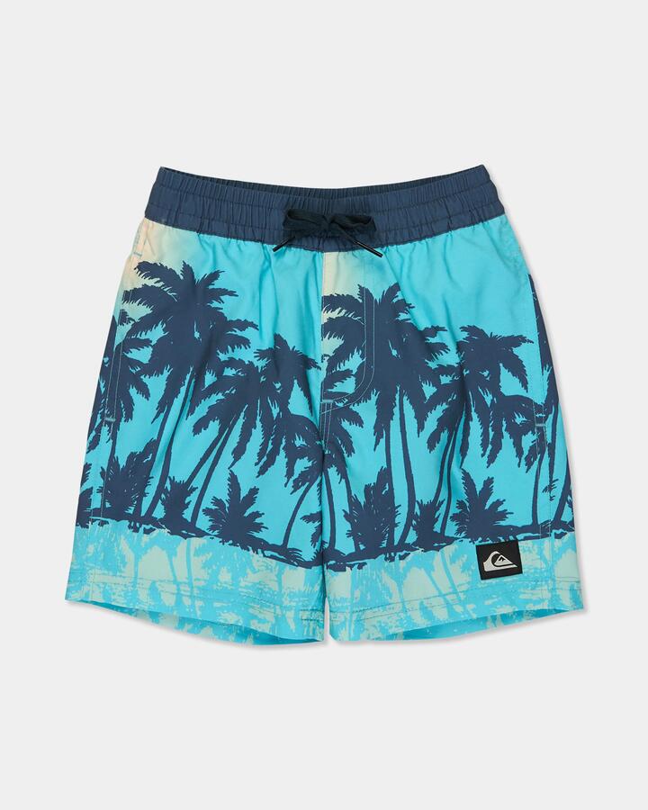 Image of a model wearing Shorts. Product name - Quiksilver Boys 2-7 Everyday Printed 13" Swim Shorts Aqua Thermotropics in Aqua Thermotropics colour by brand - Quiksilver