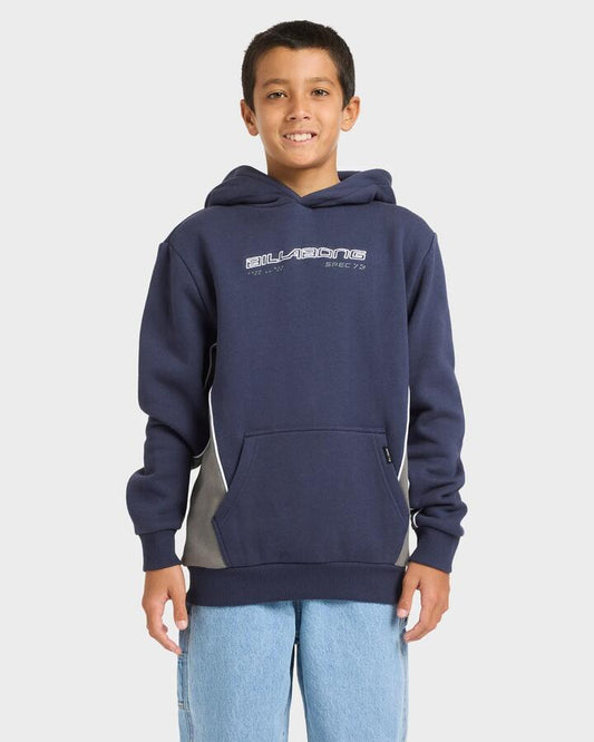 Image of a model wearing Outerwear. Product name - Billabong Boys 8-16 Spec 73 Pullover Hoodie Vintage Indigo in Vintage Indigo colour by brand - Billabong