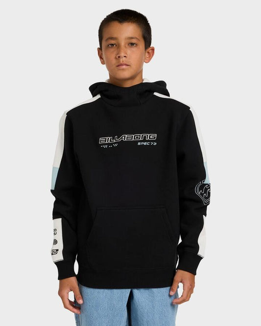 Image of a model wearing Outerwear. Product name - Billabong Boys 8-16 Spec 73 Pullover Hoodie Faulty Item!!!!! Black in Black colour by brand - Billabong