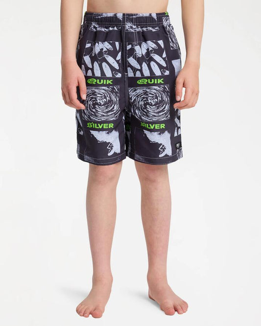 Image of a model wearing Shorts. Product name - Quiksilver Boys 8-16 Mercury Volley 17" Swim Shorts Black Mercury in Black Mercury colour by brand - Quiksilver