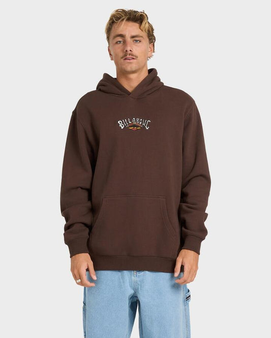 Image of a model wearing Outerwear. Product name - Billabong Mens Otis Arch Pullover Hoodie Chocolate in Chocolate colour by brand - Billabong