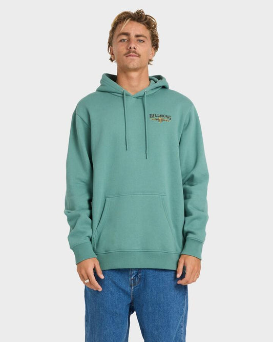 Image of a model wearing Outerwear. Product name - Billabong Mens Pure Intentions Pullover Hoodie Sea Green in Sea Green colour by brand - Billabong