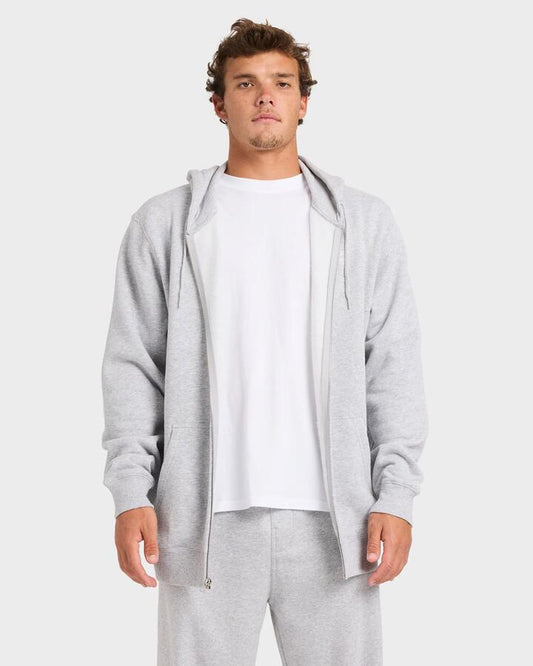 Image of a model wearing Outerwear. Product name - Billabong Mens Premium Zip Through Hoodie Light Grey Heather in Light Grey Heather colour by brand - Billabong