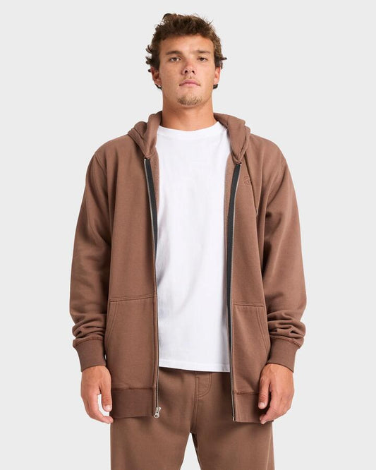 Image of a model wearing Outerwear. Productname: billabong - Mens Premium Zip Through Hoodie - Mocha - in Mocha colour by brand - billabong