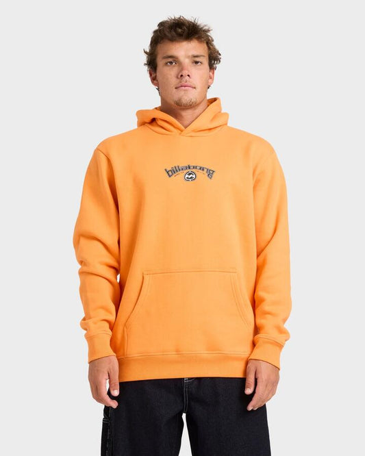 Image of a model wearing Outerwear. Productname: billabong - Mens Spec Bio Arch Pullover Hoodie - Dusty Orange - in Dusty Orange colour by brand - billabong