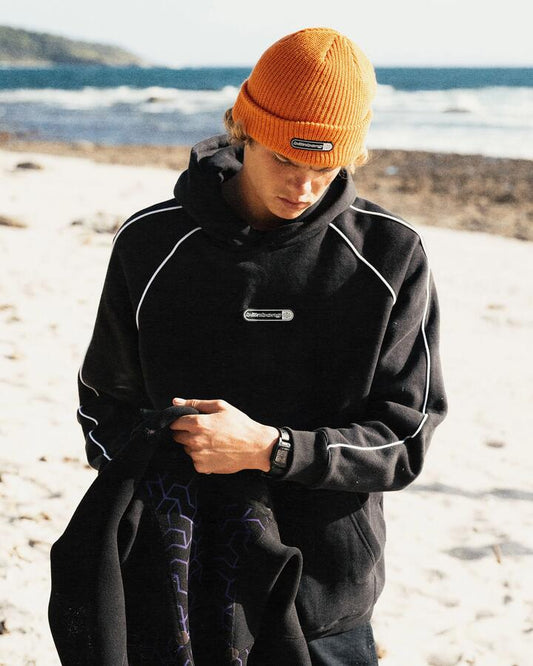 Image of a model wearing Outerwear. Product name - Billabong Mens Spec 73 Orbit Pullover Hoodie Black in Black colour by brand - Billabong