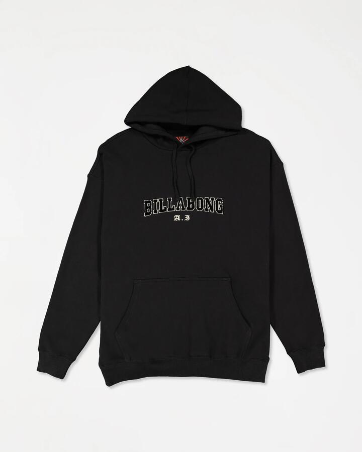 Image of a model wearing Outerwear. Product name - Billabong Mens A.I. Forever Pullover Sweatshirt Black in Black colour by brand - Billabong