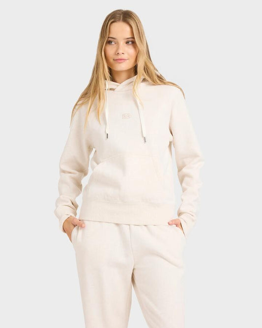 Image of a model wearing Outerwear. Productname: billabong - Womens Wave Essentials Pullover Hoodie - Snow Marle - in Snow Marle colour by brand - billabong