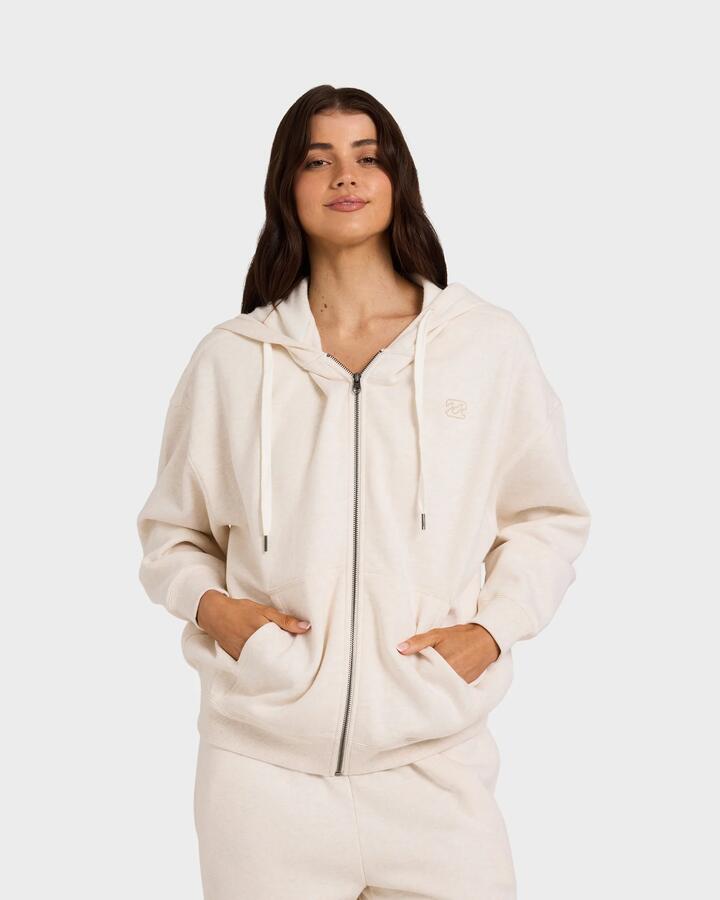 Image of a model wearing Outerwear. Product name - Billabong Womens Wave Essentials Zip Pullover Hoodie Snow Marle in Snow Marle colour by brand - Billabong