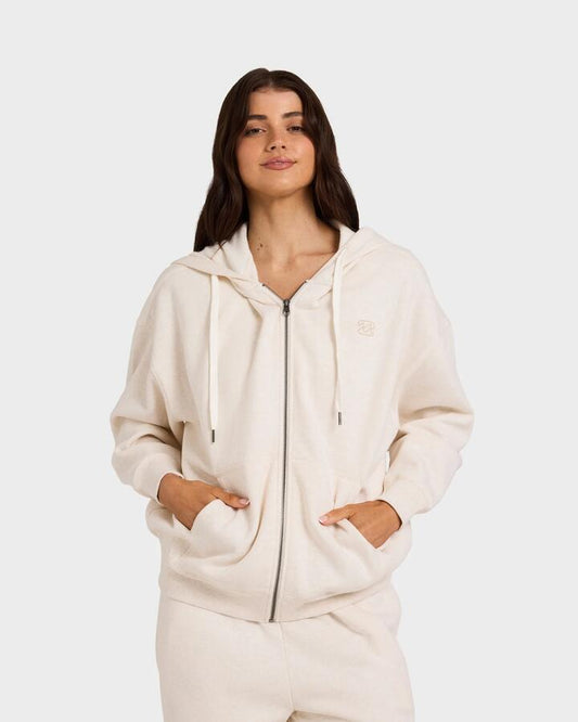 Image of a model wearing Outerwear. Product name - Billabong Womens Wave Essentials Zip Pullover Hoodie Snow Marle in Snow Marle colour by brand - Billabong