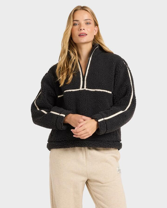 Image of a model wearing Outerwear. Productname: billabong - Womens Getting Warm Pullover Fleece Top - Black Sands - in Black Sands colour by brand - billabong