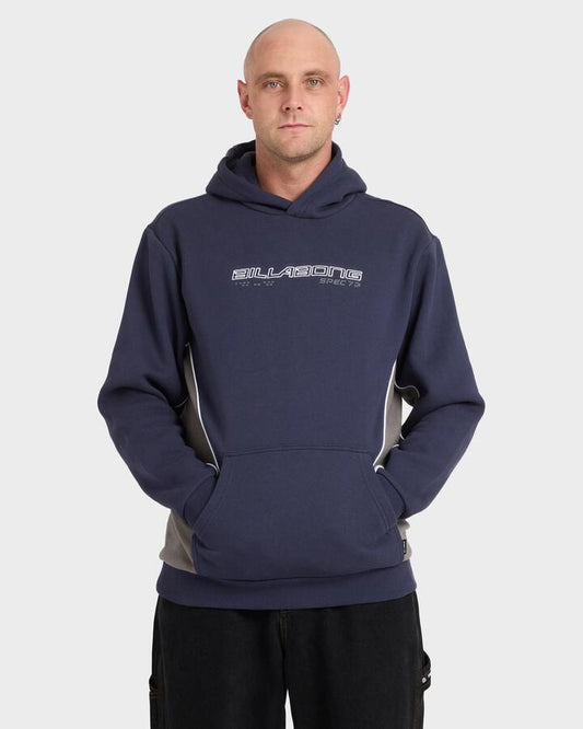 Image of a model wearing Outerwear. Productname: billabong - Mens Spec 73 Pop Pullover Hoodie - Vintage Indigo - in Vintage Indigo colour by brand - billabong