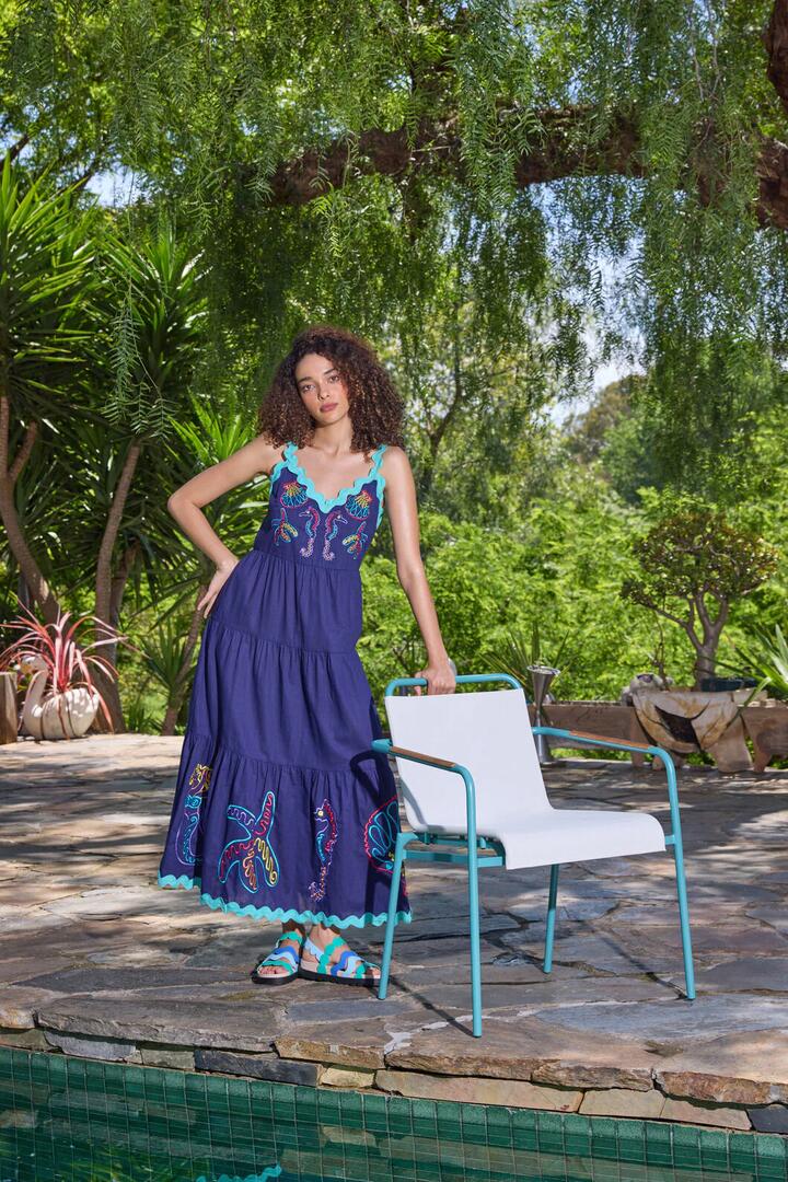Image of Dresses. Productname: Mermaid Embroidered Maxi Dress in Navy colour by brand - Gorman