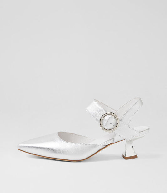 Image of Heels. Productname: Leema Silver Leather Heels in Silver colour by brand - MIDAS