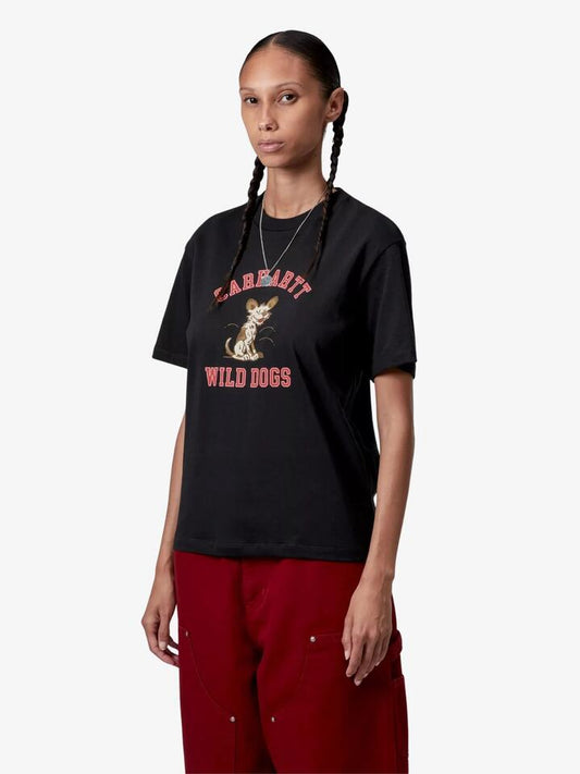 Image of a model wearing Tops. Productname: Carhartt Wip Women's Wild Dog T-Shirt in Black colour by brand - Carhartt Wip