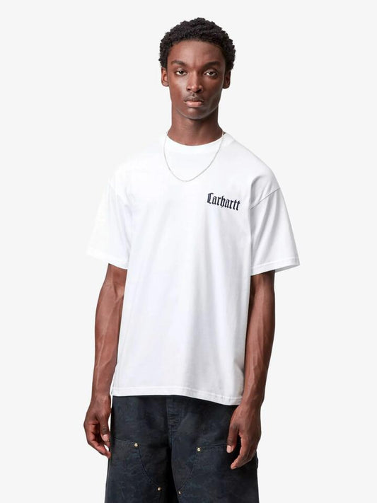 Image of a model wearing Tops. Productname: Carhartt Wip Schooling T-Shirt in White colour by brand - Carhartt Wip