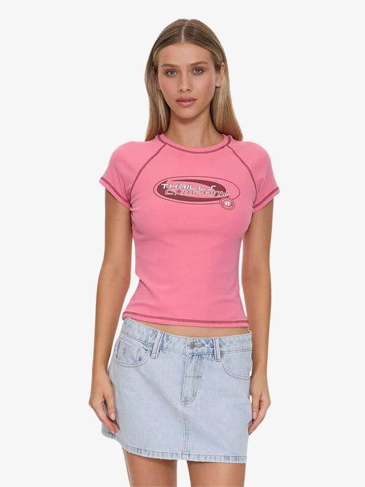 Image of a model wearing Tops. Productname: Thrills Track Record Raglan Club Tee in Gum colour by brand - Thrills