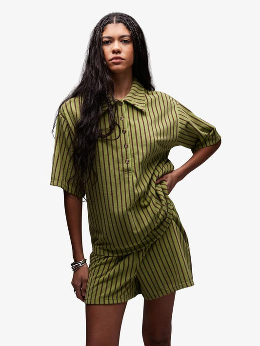 Image of a model wearing Shorts. Productname: Topshop Stripe Towelling Shorts Co-Ord in Green colour by brand - Topshop
