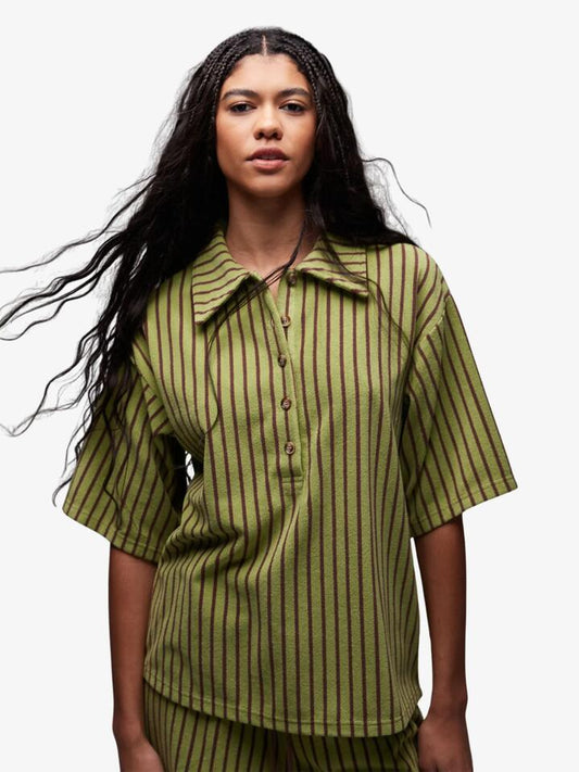 Image of a model wearing Tops. Productname: Topshop Stripe Towelling Boxy Polo Co-Ord in Green colour by brand - Topshop