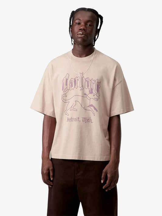 Image of a model wearing Tops. Productname: Carhartt Wip Hackworth T-Shirt in Fleur De Sel colour by brand - Carhartt Wip