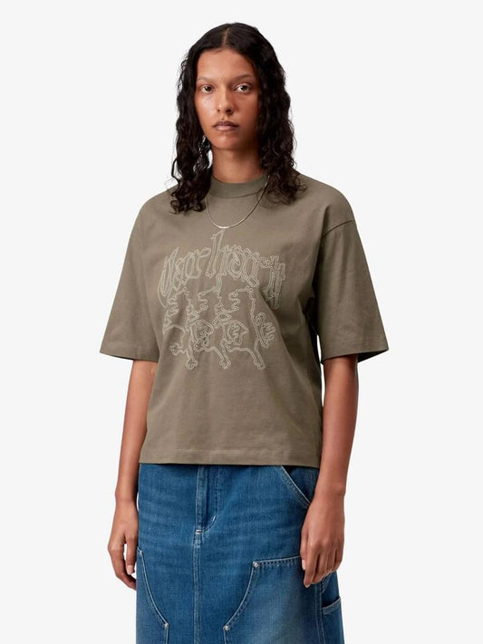 Image of a model wearing Tops. Productname: Carhartt Wip Women's Hackwork T-Shirt in Brass/ Salt colour by brand - Carhartt Wip