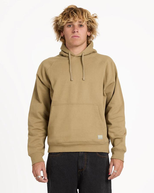 Image of a model wearing Outerwear. Product name - RVCA Mens Dayshift Pullover Hoodie Covert Green in Covert Green colour by brand - RVCA