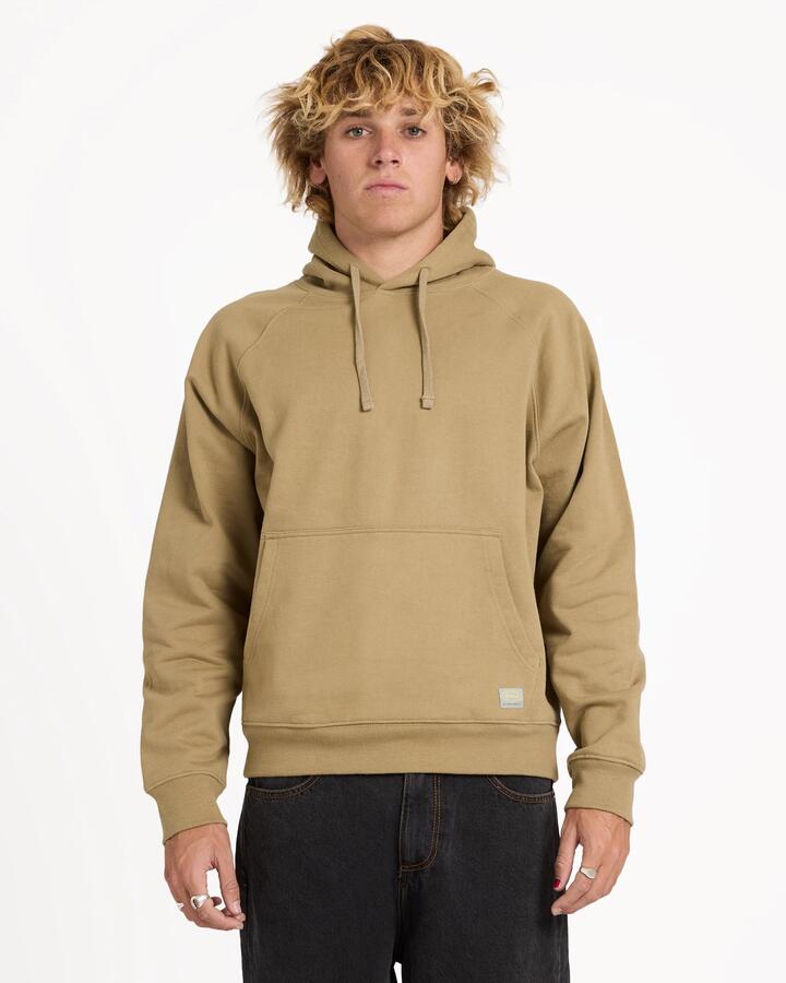Image of a model wearing Outerwear. Product name - RVCA Mens Dayshift Pullover Hoodie Covert Green in Covert Green colour by brand - RVCA