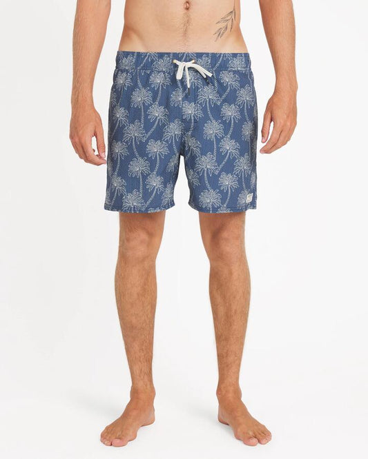 Image of a model wearing Shorts. Productname: rvca - Mens Exotica Elastic 2 16" Swim Shorts - Dark Denim - in Dark Denim colour by brand - rvca