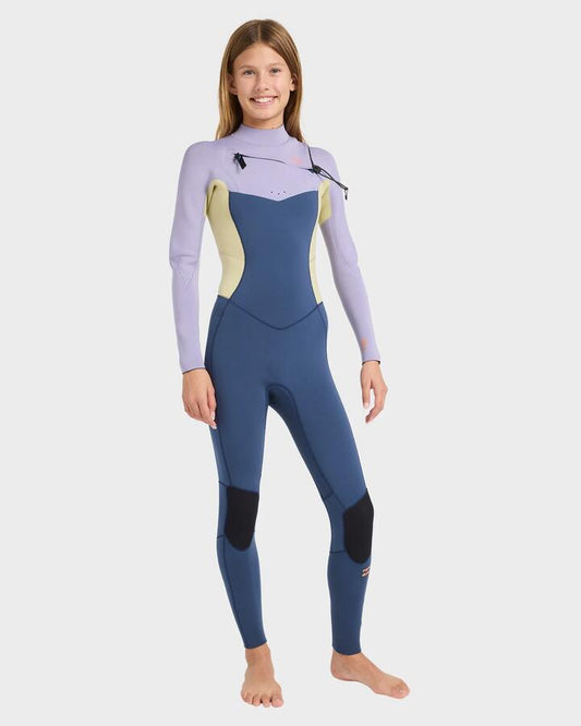 Image of a model wearing Tops. Product name - Billabong Girls 8-16 Synergy Chest Zip Long Sleeve Fullsuit Stormy Blue in Stormy Blue colour by brand - Billabong