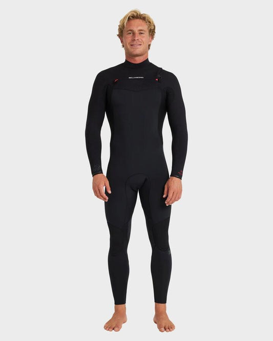 Image of a model wearing Tops. Productname: billabong - Mens 4/3Mm Revolution Natural Chest Zip Long Sleeve Fullsuit - Black Red - in Black Red colour by brand - billabong
